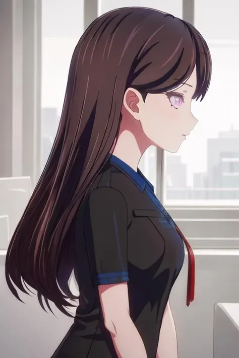 best quality, masterpiece, highres, solo, {shiina_taki_bangdreamitsmygo:1.15}, long_hair, black_hair, purple_eyes, mole_under_eye, mole, bangs, indoors, brown_hair, 1girl, black_shirt, from_side, profile, shirt, short_sleeves