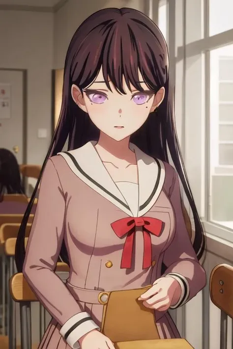 best quality, masterpiece, highres, solo, {shiina_taki_bangdreamitsmygo:1.15}, long_hair, black_hair, purple_eyes, mole_under_eye, mole, bangs, indoors, brown_hair, 1girl, blazer, collared_shirt, jacket, necktie, school_uniform, shirt, white_shirt, looking_at_viewer, open_mouth
