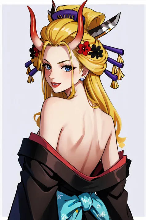 (masterpiece, best quality:1.2), solo, 1girl, blackmaria, lipstick, smile, looking back, hair stick, hair flower, horns, v-shaped eyebrows, japanese clothes, black kimono, off shoulder, earrings, bare shoulders <lora:onepiece_blackmaria-10:1> <lora:OffShoulderKimono:0.8>