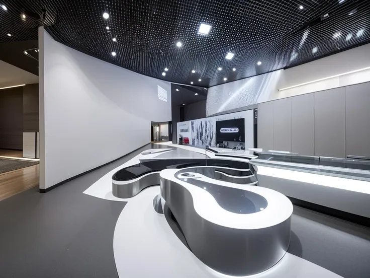 Stainless steel ceiling, curved stainless steel walls, service desk, people, gray floor, curved black lines on the floor, oval stainless steel molding, white streamlined luminous lines on top, masterpiece,High quality,4K,professional lighting,VRAY rendering