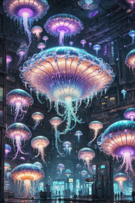 cyberpunk, warmly lit interior, in a Mundane Iridescent jellyfish bloom<lora:EnvyFractalismXL01:1.2>