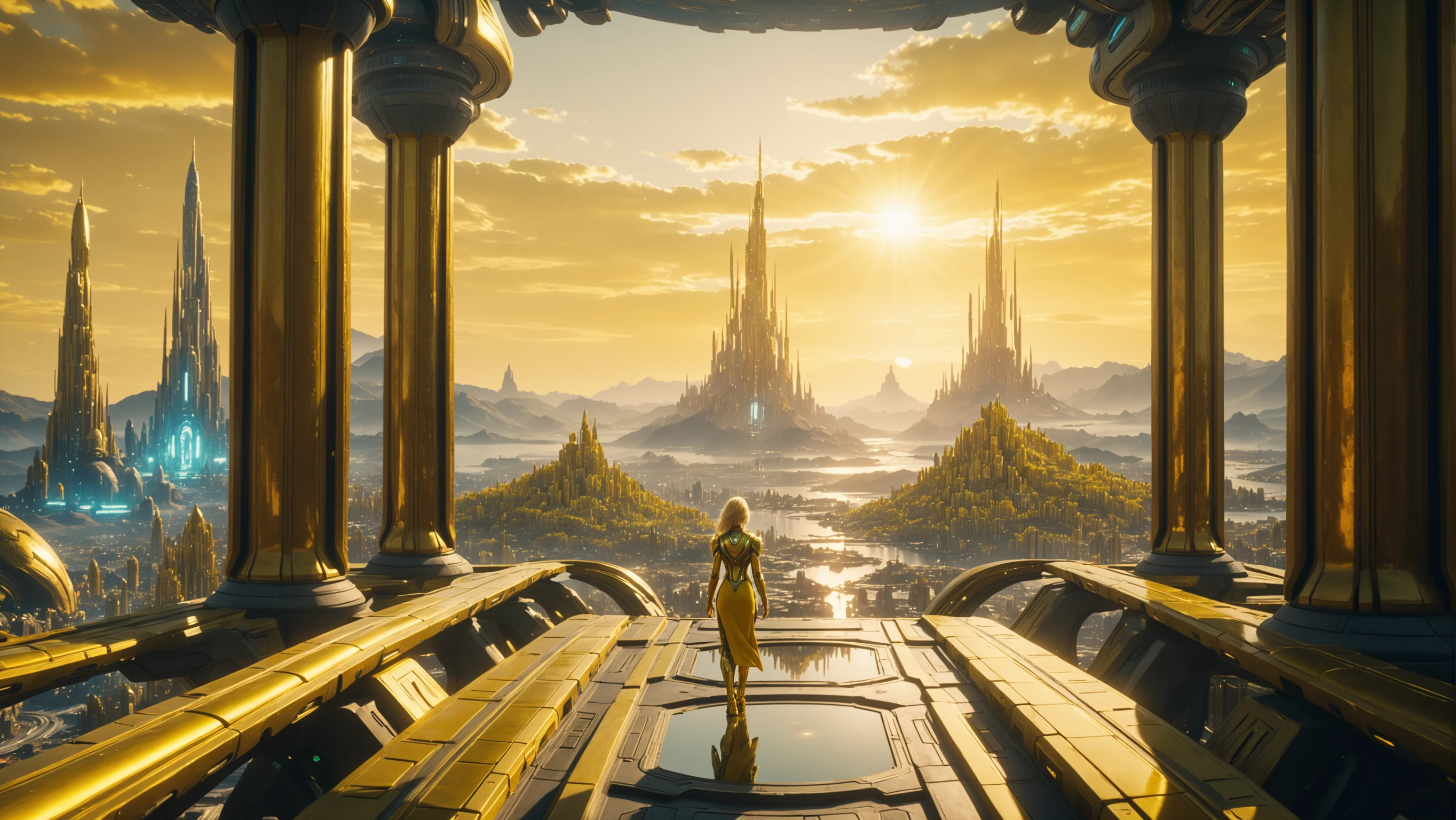 promotional still, 18mm lens, cinematic color grading, scifi, a impossible reflective goldenrod fantasy city beyond the end of time, masterpiece<lora:EnvyFractalismXL01:1.3>