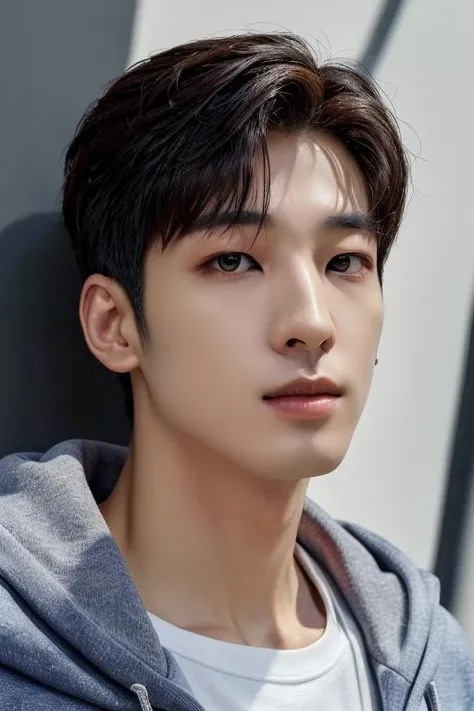 wonwoo, face, hoodie, upper body (absurdres, highres, ultra detailed),((masterpiece)), ((best quality:1.1)), High Resolution, 8k,1boy, best quality, masterpiece, (photorealistic:1.4), 4k, high quality, masterpiece, best quality, highres, dynamic poses, realistic, mature male, looking at viewer <lora:tangbohu-detailer_1.0:0.3> <lora:wonwoo-10:0.9>