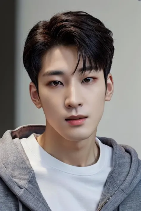 wonwoo, face, hoodie, upper body (absurdres, highres, ultra detailed),((masterpiece)), ((best quality:1.1)), High Resolution, 8k,1boy, best quality, masterpiece, (photorealistic:1.4), 4k, high quality, masterpiece, best quality, highres, dynamic poses, realistic, mature male, looking at viewer <lora:tangbohu-detailer_1.0:0.3> <lora:wonwoo-10:0.9>