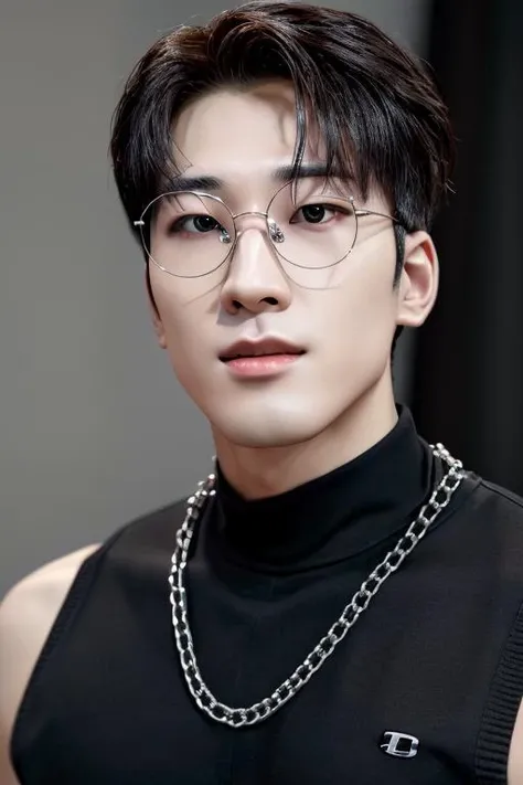 wonwoo, face, upper body, mesh, chain, glasses, muscular, (absurdres, highres, ultra detailed),((masterpiece)), ((best quality:1.1)), High Resolution, 8k,1boy, best quality, masterpiece, (photorealistic:1.4), 4k, high quality, masterpiece, best quality, highres, dynamic poses, realistic, mature male, looking at viewer <lora:tangbohu-detailer_1.0:0.3> <lora:wonwoo-08:1>
