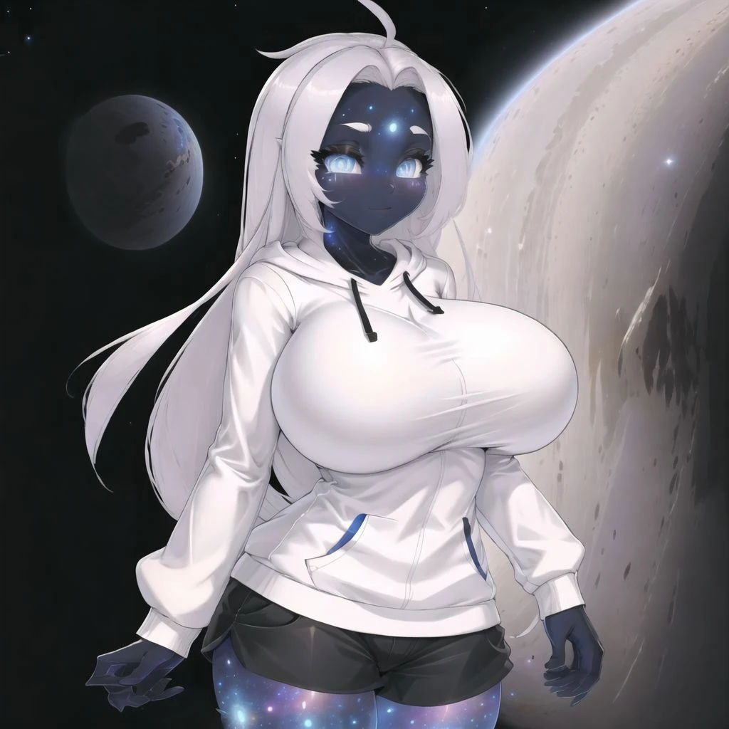 best quality, highest quality, masterpiece, high resolution, clean picture, smooth picture, high details, symmetrical,
(white hoodie, shorts),, big breasts, white hair, long hair,
galaxy girl, <lora:Galaxy_Girl-V02:1>