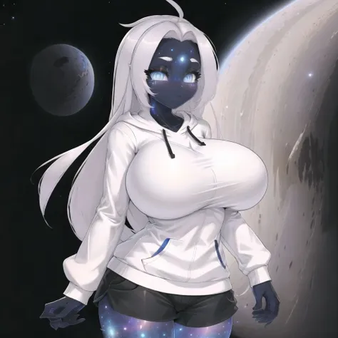 best quality, highest quality, masterpiece, high resolution,  clean picture, smooth picture, high details, symmetrical, 
(white hoodie, shorts),, big breasts, white hair, long hair,
galaxy girl, <lora:Galaxy_Girl-V02:1>