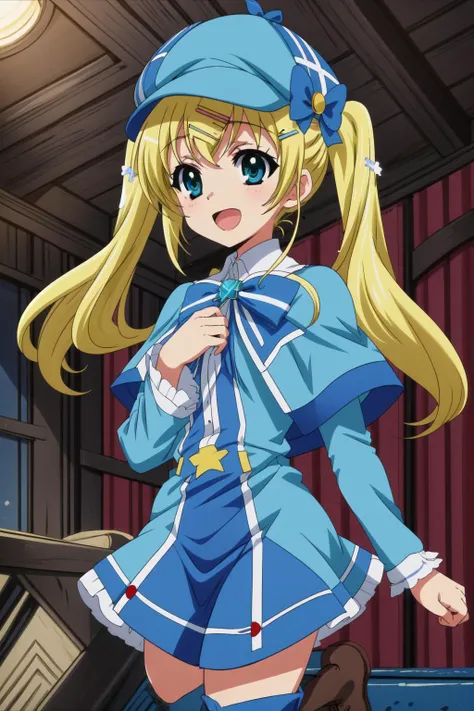 masterpiece,best quality,1girl,detective opera milky holmes,cordelia glauca,long hair,twintails,hairclip,detective,deerstalker,blue capelet,boots,smile,open mouth,one hand on own chest,indoors,attic,<lora:detective_opera_milky_holmes:0.5>,