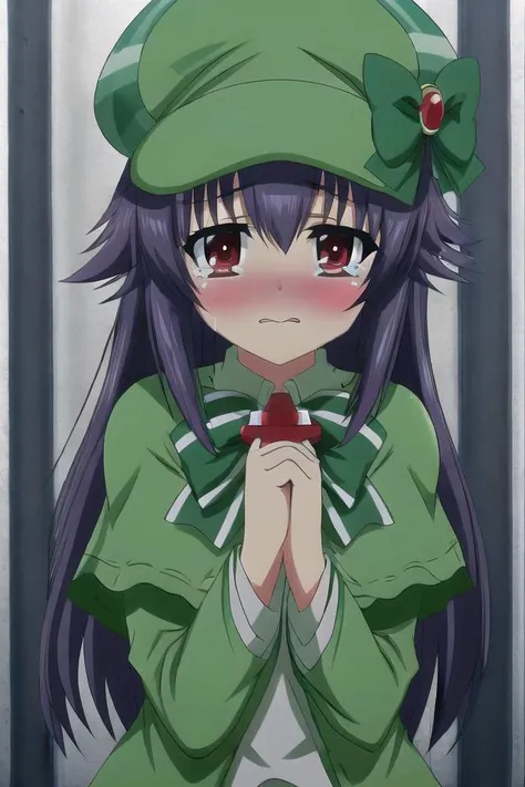 masterpiece, best quality, absurdres, cute, ultra-detailed, outdoors, <lyco:detective_opera_milky_holmes:0.7>, hercule barton, detective opera milky holmes, 1girl, solo, long hair, full-face blush, detective, deerstalker, tears, green capelet