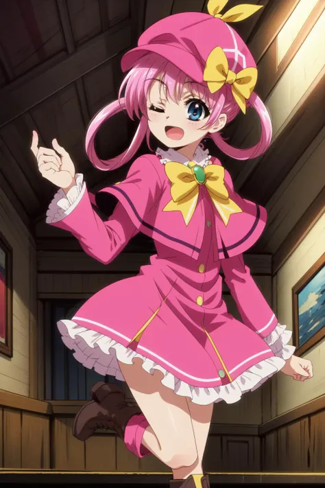 masterpiece,best quality,1girl,detective opera milky holmes,sherlock shellingford,long hair,hair rings,hair ribbon,detective,deerstalker,pink capelet,boots,smile,open mouth,one eye closed,standing on one leg,indoors,attic,from side,<lora:detective_opera_milky_holmes:0.5>,