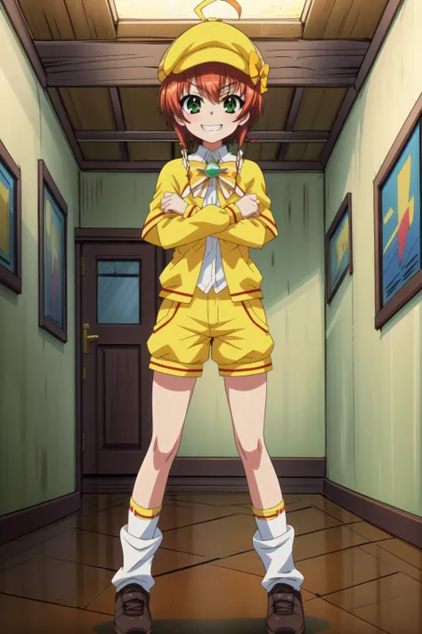 masterpiece,best quality,1girl,detective opera milky holmes,yuzurizaki nero,short hair,ahoge,detective,deerstalker,yellow capelet,yellow shorts,loose socks,shoes,grin,standing,crossed arms,indoors,attic,<lora:detective_opera_milky_holmes:0.5>,