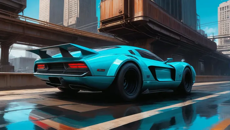 digital painting, scifi vehicle, A space-age, turbocharged dark cyan racecar on an elevated highway in a city<lora:EnvyStarlightScifiAesthetic12:1>