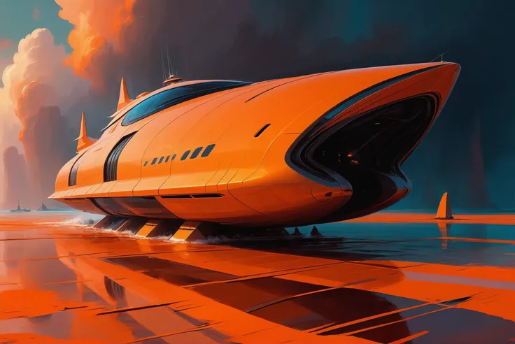 digital painting, scifi vehicle, A luxurious, alien, irridescent orange and orange sea yacht in a stormy ocean<lora:EnvyStarlightScifiAesthetic13:1>