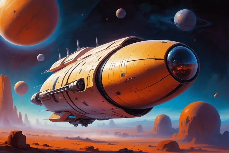 digital painting, scifi vehicle, A space-age, high-speed, deep-space science vessel with a zero-point energy reactor orbiting an earth-like planet<lora:EnvyStarlightScifiAesthetic13:1>