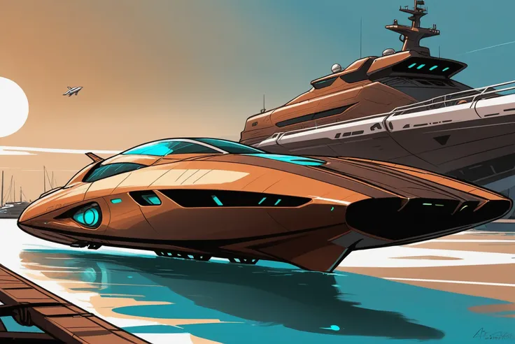 digital painting, scifi vehicle, A sleek, streamlined, space-age, brown and cyan speedboat docked at a sea port<lora:EnvyStarlightScifiAesthetic08:1>