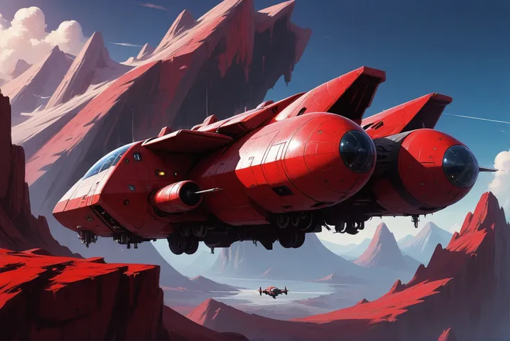 digital painting, scifi vehicle, A towering, bulky, red far-future cargo plane flying over some mountains<lora:EnvyStarlightScifiAesthetic02:1>