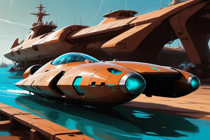digital painting, scifi vehicle, A sleek, streamlined, space-age, brown and cyan speedboat docked at a sea port<lora:EnvyStarlightScifiAesthetic02:1>