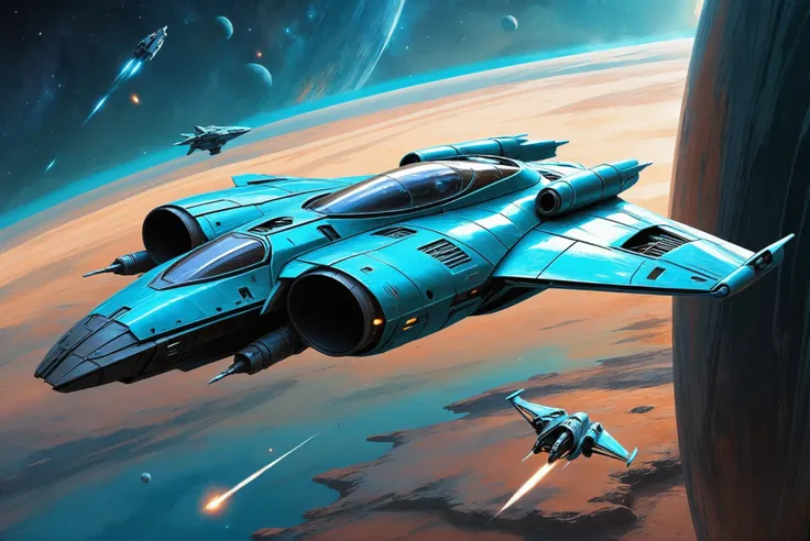 digital painting, scifi vehicle, A sleek, far-future, shiny cyan space fighter with a galaxy in the background<lora:EnvyStarlightScifiAesthetic04:1>