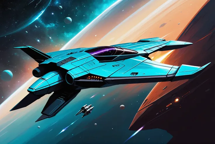 digital painting, scifi vehicle, A sleek, far-future, shiny cyan space fighter with a galaxy in the background<lora:EnvyStarlightScifiAesthetic06:1>