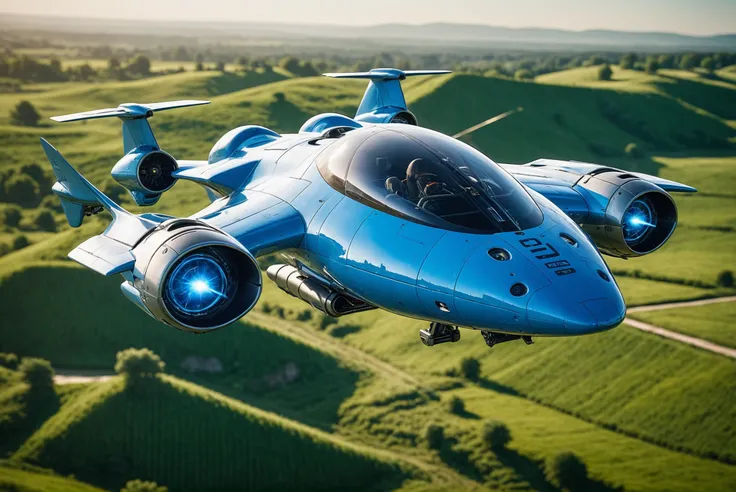 photograph, epic hyperrealism, canon f/15 50mm lens, cinematic color palette, scifi vehicle, A high-speed, quantum, blue personal aircraft flying over the green countryside<lora:EnvyStarlightScifiAesthetic18:1>