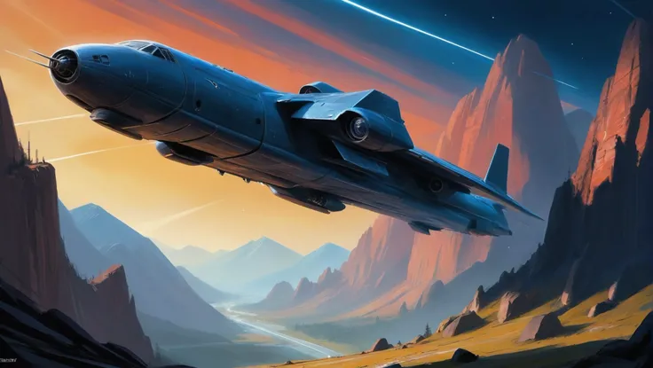 digital painting, scifi vehicle, A towering, bulky, quantum cargo plane flying over some mountains<lora:EnvyStarlightScifiAesthetic11:1>