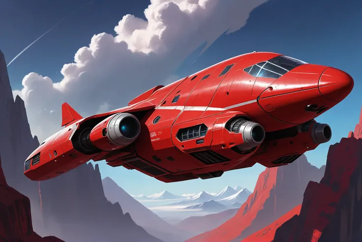digital painting, scifi vehicle, A towering, bulky, red far-future cargo plane flying over some mountains<lora:EnvyStarlightScifiAesthetic06:1>