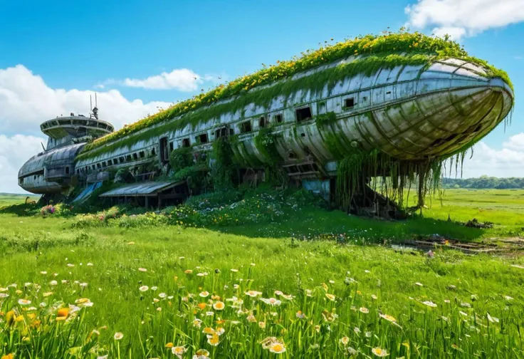 a huge spaceship (long abandoned) sunken into a rich green grassland, covered in plants, flowers, sharp focus, high detailed, realistic, day, colorful, blue sky,