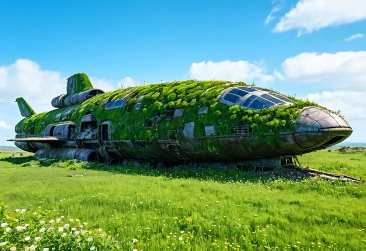 a huge spaceship (long abandoned) sunken into a rich green grassland, covered in plants, flowers, sharp focus, high detailed, realistic, day, colorful, blue sky,