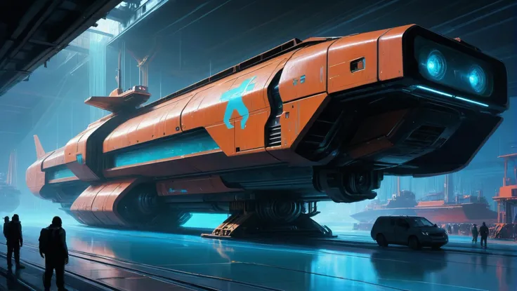 digital painting, scifi vehicle, A vast, heavy, cybernetic seagoing cargo freighter with holographic display panels docked at a sea port<lora:EnvyStarlightScifiAesthetic11:1>