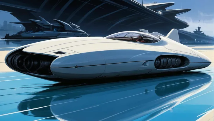 digital painting, scifi vehicle, A sleek, streamlined, space-age, speedboat docked at a sea port<lora:EnvyStarlightScifiAesthetic10:1>