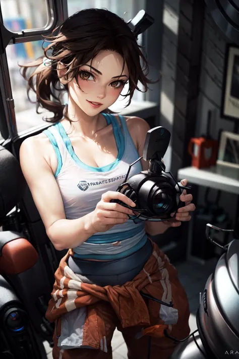 a realistic photo, hdr definition, uhd photo realistic, 12k, the heroine Lara Croft, super sexy, she is wearing her brown shorts and a tight khaki croc top, her chest 95C cup, her skin is slightly dirty because of the mud, slight visible injuries, she poses in front of a blue honda civic type R car, on the car's license plate the inscription "croft1", she takes a selfie in front of this car, she is smiling, surprising details, this photo is a true masterpiece