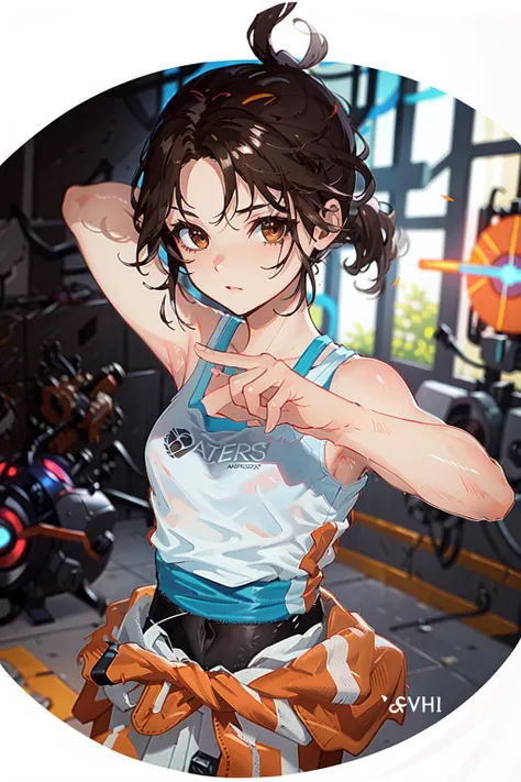 absurdres, best quality, 1girl, solo, looking at viewer, eye focus, <lyco:GoodHands-beta2:0.7>, <lora:portal_chell:1>, chell, ponytail, tank top, clothes around waist, brown hair, brown eyes