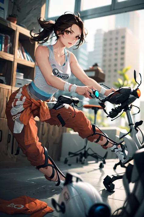 absurdres, best quality, 1girl, solo, looking at viewer, eye focus,  <lyco:GoodHands-beta2:0.7>,   <lora:portal_chell:1>, chell, ponytail, tank top, clothes around waist, brown hair, brown eyes