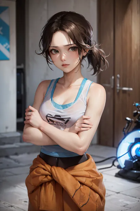 (masterpiece, best quality:1.2), <lyco:portal_chell-10:0.8>, cowboy shot, solo, 1girl, chell, expressionless, closed mouth, looking at viewer, ponytail, tanktop, clothes around waist