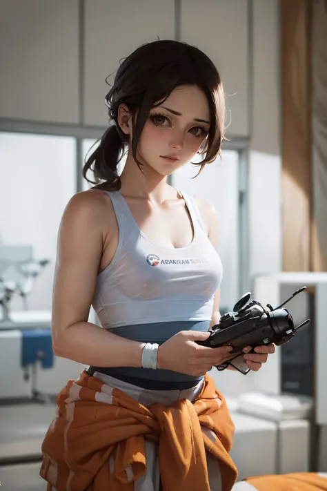 (masterpiece, best quality:1.2), <lyco:portal_chell-10:0.8>, cowboy shot, solo, 1girl, chell, expressionless, closed mouth, looking at viewer, ponytail, tanktop, clothes around waist