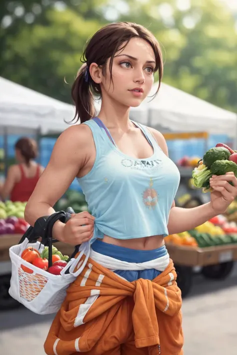 <lora:portal_chell:0.7> chell, hispanic ponytail, tank top, clothes around waist, grocery shopping at the local farmers market, fresh produce, basket, (masterpiece:1.2) (photorealistic:1.2) (f/1.4 200mm bokeh) (best quality) (detailed skin:1.3) (intricate details) (8k) (HDR) (analog film) (canon d5) (cinematic lighting) (sharp focus)