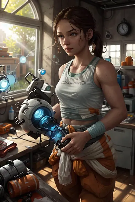 <lora:portal_chell:0.8> chell, ponytail, tank top, clothes around waist, cleaning a portal gun at a workbench, bright morning sunlight shining through window (zrpgstyle) (masterpiece:1.2) (illustration:1.2) (best quality:1.2) (detailed) (intricate) (8k) (HDR) (cinematic lighting) (sharp focus)
