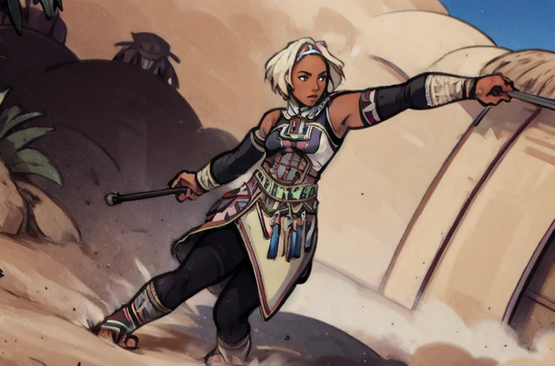 <lora:Lucia:1.2>, Lucia is a woman with dark skin, wide angle, wide shot, full body, (kkw-NativeAmerican:0.25) savannah background, huts