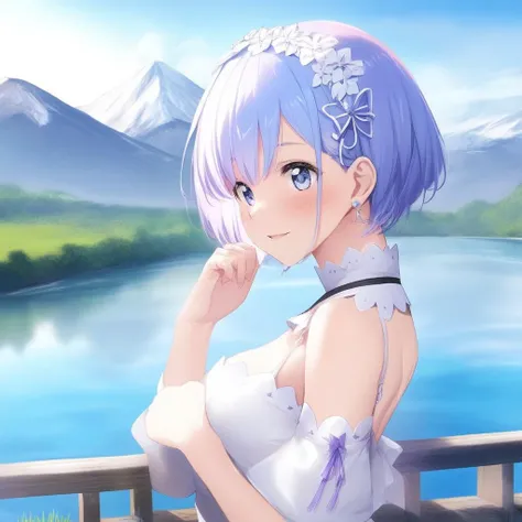 1girl, rem(re-zero),summerdress,cleavage,strawhat,blush,from side,outdoor,mountain,lake,grassland<lora:XDetail_light:1> <lora:rem rezero xl:0.7>masterpiece, best quality, ultra detailed,4k