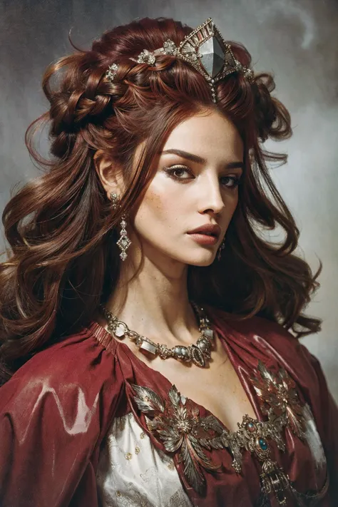 (best quality, masterpiece,highres:1.1),oil painting, there is a woman with beauty hair and a necklace, baroque hair, rococo style portrait, rococo queen, elaborate hair worn up, feathery beauty hair, in a high renaissance style, baroque portrait, maiden with copper hair, rococo portrait, ornate hair, gothic princess portrait, glamour portrait, queen in heavy red armor, hairstyle beauty mohawk, elegant, aesthetic, sensual, alluring, passionate,sweat fog, glowing, dark science fiction, muted colors,dimmed colors, absurdes, surreal, impressionism, hyperrealism, cinematic, inspired by nihei tsutomu and zdzislaw beksinski and ridley scott,atmospheric haze,psychodelic,transcendent,moody
<lora:GoodHands-beta2:0.75>
<lora:BearlySD:0.4>
<lora:H.R.Giger_ArtStyle_640x960:0.55> 
<lora:Eiza_Gonzalez_640x960:0.8>