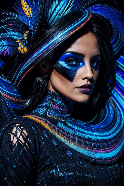 the skull is distorted by the twists and turns of a woman with dark hair, in the style of neon impressionism, spiral vortex patterns, dark blue and light black, photoillustration, made of feathers, expressive light and shadow, expressionist emotiveness
<lora:Eiza_Gonzalez_640x960:0.8>