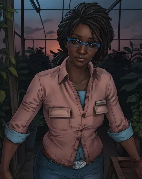 Claudette, black hair, dreadlocks, brown eyes,
blue glasses,
pink shirt, jeans, belt,
standing, upper body,
night, greenhouse,
(insanely detailed, beautiful detailed face,beautiful detailed eyes, masterpiece, best quality),solo,
<lora:ClaudetteDBD:0.8>