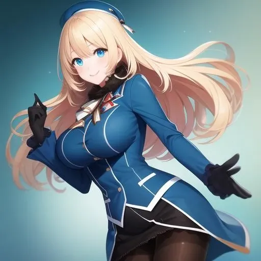 (masterpiece, best quality:1.2),illustration,8k,hd,1girl,solo,blonde_hair,long_hair,large_breasts,hat,smile,beret,green_eyes,blue_eyes,black_gloves,uniform,pantyhose,<lora:Atago(kan)>,