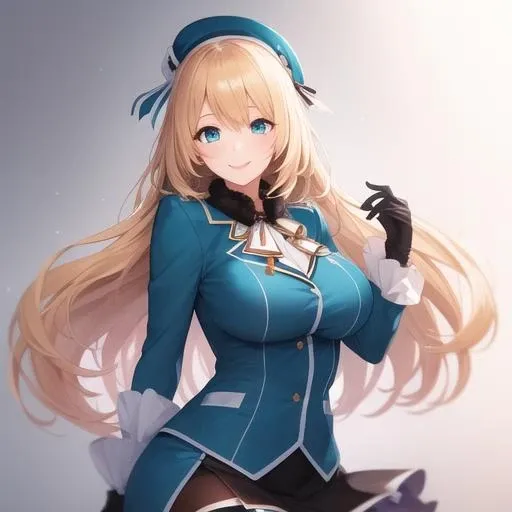 (masterpiece, best quality:1.2),illustration,8k,hd,1girl,solo,blonde_hair,long_hair,large_breasts,hat,smile,beret,green_eyes,blue_eyes,black_gloves,uniform,pantyhose,<lora:Atago(kan)>,