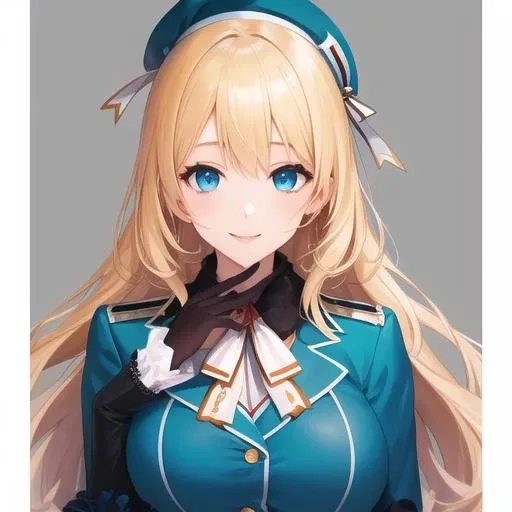 (masterpiece, best quality:1.2),illustration,8k,hd,1girl,solo,upper body,(portrait:1.2),blonde_hair,long_hair,large_breasts,hat,smile,beret,green_eyes,blue_eyes,black_gloves,black inner skirt,uniform,pantyhose,<lora:Atago(kan)>,