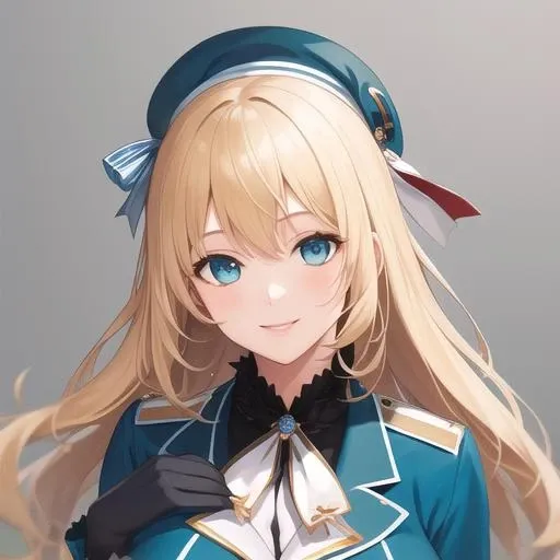 (masterpiece, best quality:1.2),illustration,8k,hd,1girl,solo,upper body,(portrait:1.2),blonde_hair,long_hair,large_breasts,hat,smile,beret,green_eyes,blue_eyes,black_gloves,black inner skirt,uniform,pantyhose,<lora:Atago(kan)>,