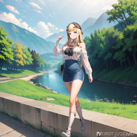 1girl, tall female, <lora:centi_supreme-holiday_nai:0.8>, centi \(supreme holiday\),blue eyes,blonde hair, dress,one piece, novel, book, light smile, walking, standing, outdoors, river, mountain,