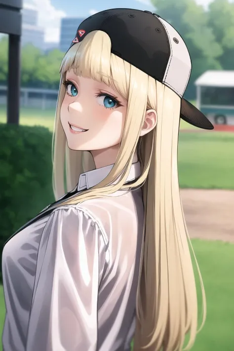masterpiece, best quality, highly detailed, 1girl, solo, outdoors, from behind, close-up, upper body only, centi \(supreme holiday\), white shirt, baseball cap, standing, looking back, smile, <lora:centi_supreme-holidayv2:1>