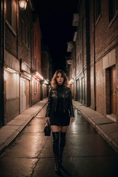 RAW photo, (goth girl), (style of Joel Meyerowitz:1.4), eerie, dark theme, horror, unsettling, Relief, High-neck lace dress, leather jacket, and knee-high boots, cohen, Retro curls, Two-tone hair color, Smoky grey eyeshadow with a hint of shimmer, Full-figured (curvy and well-proportioned throughout the body), Dark alleyway with flickering streetlights, detailed skin, skin blemish, sharp focus, beautiful eyes, (analog style:1.2), (film grain:1.2), (high detailed skin:1.2), 8k uhd, dslr, soft lighting, high quality, film grain, Fujifilm XT3, perfect lighting, perfect shading, <lora:epi_noiseoffset2:0.3> <lora:skinny_new_skin:0.3> <lora:Cohen_20230701183210:0.3>