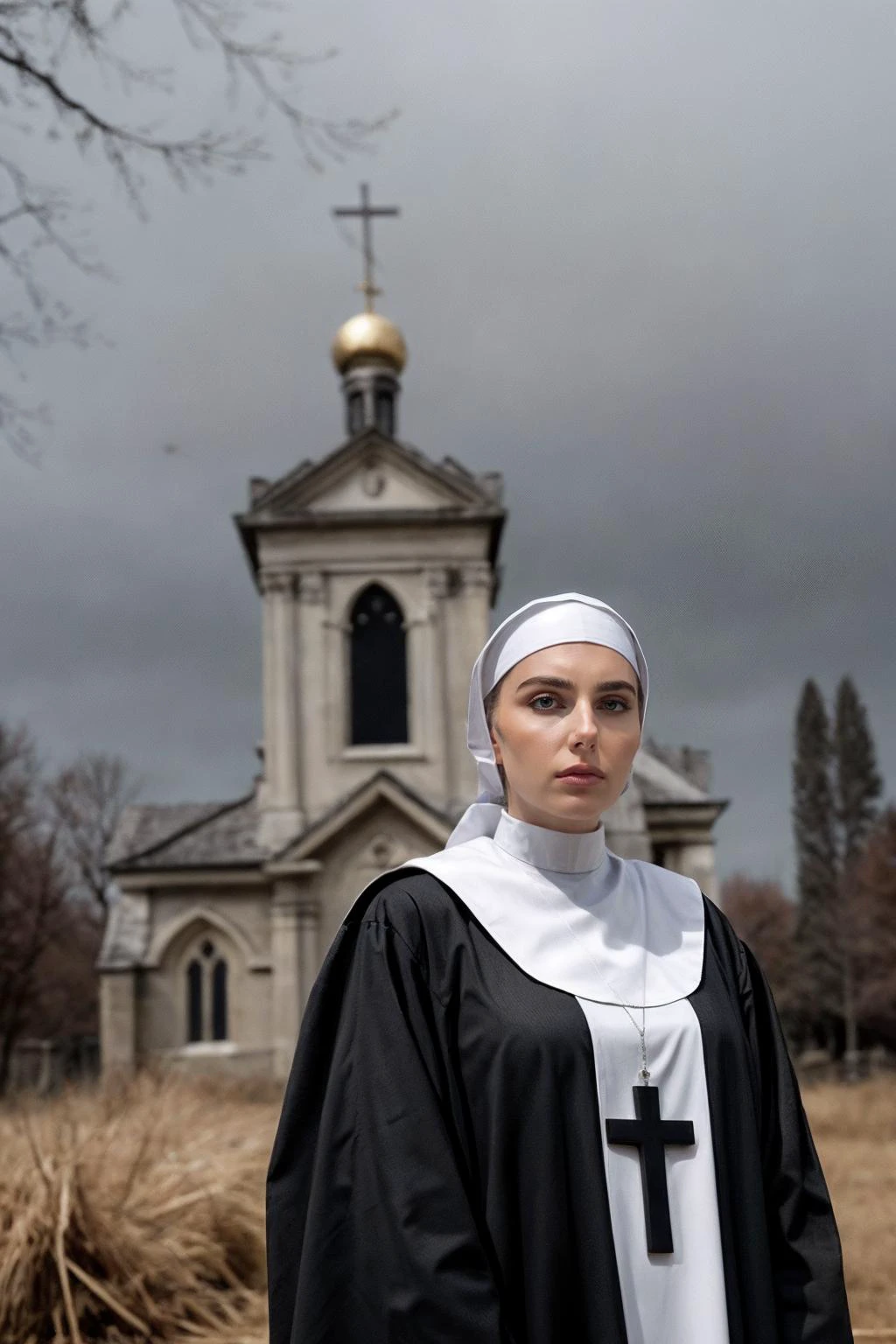 cinematic photo best quality, high quality, arm tattoos, slightly washed out colors, <lora:add_detail:0.5>, skin, looking looking at viewer, a young nun stands in front of the church, deep autumn, the cold autumn, wearing a turban, a young nun, expressionless, (looking at viewer:1.2), <lora:Cohen_EuropeanStyle_V10:0.2>, depth of field, hay, a dry branch, empty eyes, (cross:1.1), the gray sky, (nun:1.1), grey, lightgray, peace, grey background, Round her neck was a cross on a silver chain, (wearing a cross:1.1), . 35mm photograph, film, bokeh, professional, 4k, highly detailed
